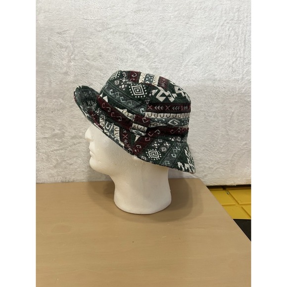 Vintage Boho Tribal Bucket Hat Green Burgundy Thailand Cotton Lined - Picture 2 of 6